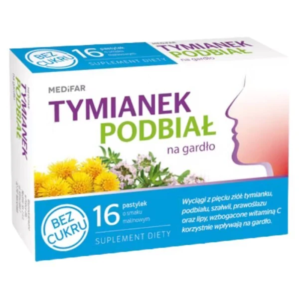 Tymianek i podbiał na gardło, smak malinowy, bez cukru, 16 pastylek do ssania