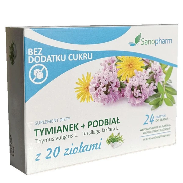 Tymianek i podbiał z 20 ziołami, 24 pastylki do ssania