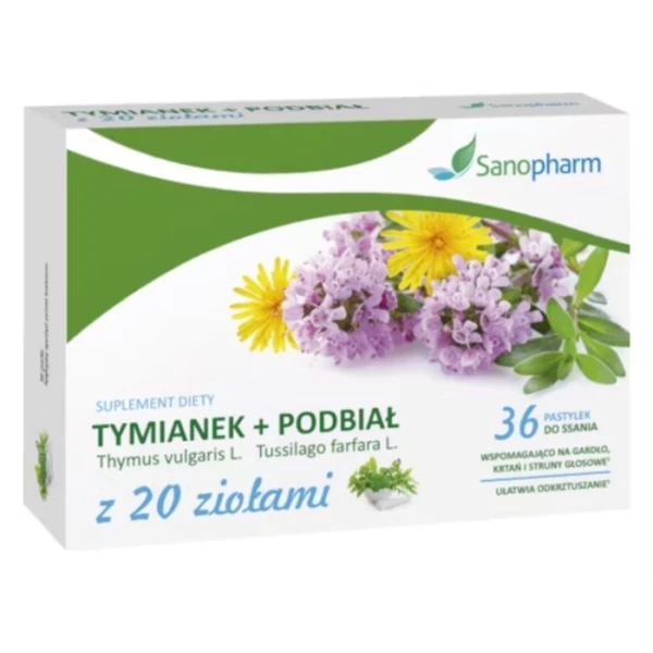 Tymianek i podbiał z 20 ziołami, 36 pastylek do ssania