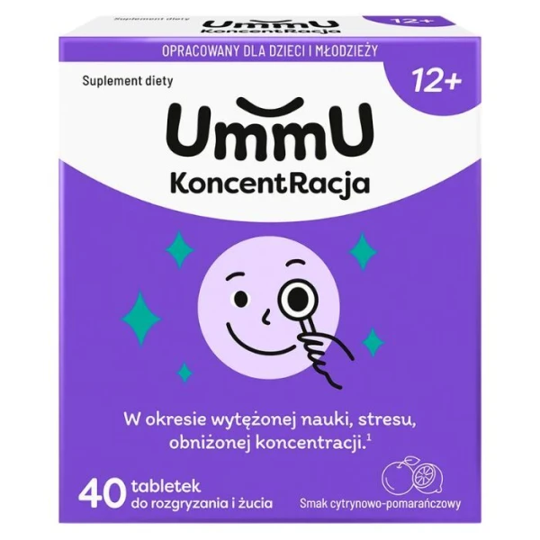 UmmU KoncentRacja, smak cytrynowo - pomarańczowy, dla dzieci od 12 lat, 40 tabletek do rozgryzania i żucia