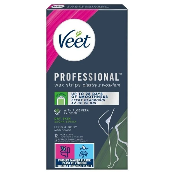 Veet Professional, plastry z woskiem do depilacji ciała, skóra sucha, ekstrakt z aloesu, 12 sztuk
