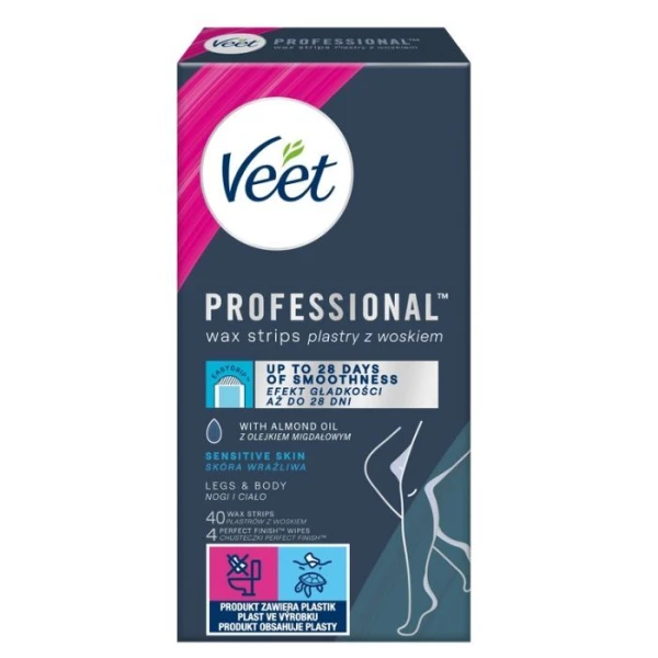 Veet Professional, plastry z woskiem do depilacji ciała, skóra wrażliwa, olejek ze słodkich migdałów, 12 sztuk