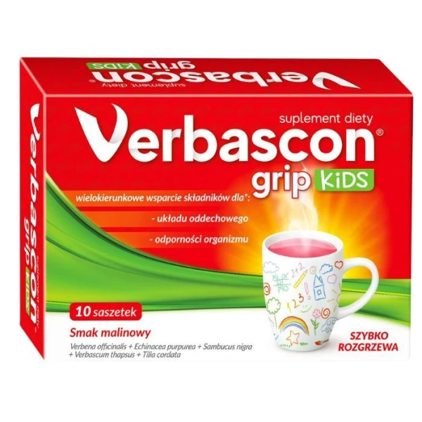 Verbascon Grip Kids, proszek, smak malinowy, po 3 roku życia, 10 saszetek