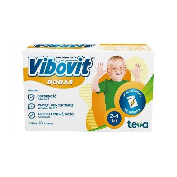 Vibovit Bobas, proszek, smak waniliowy, dla dzieci w wieku 2-4 lata, 30 saszetek