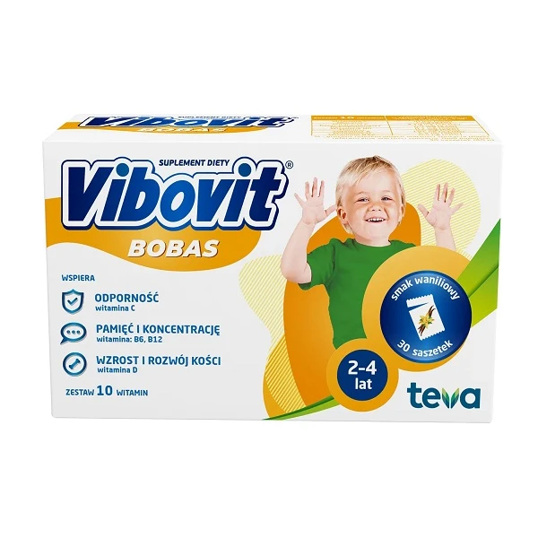 Vibovit Bobas, proszek, smak waniliowy, dla dzieci w wieku 2-4 lata, 30 saszetek