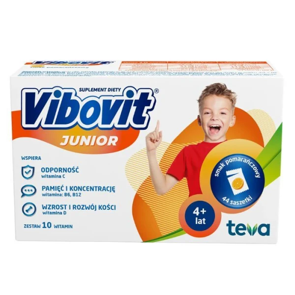 Vibovit Junior, proszek, smak pomarańczowy, dla dzieci w wieku 4-12 lat, 44 saszetki