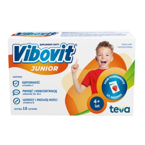 Vibovit Junior, proszek, smak truskawkowy, dla dzieci w wieku 4-12 lat, 14 saszetek