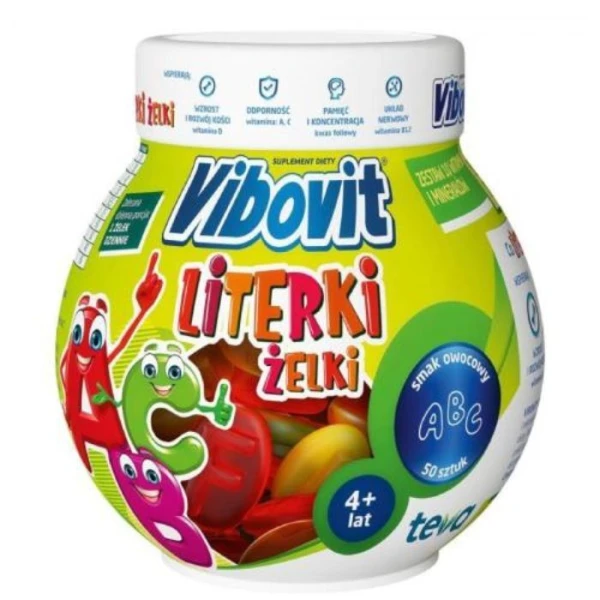 Vibovit Literki, żelki, smak owocowy, dla dzieci po 4 roku życia, 50 sztuk