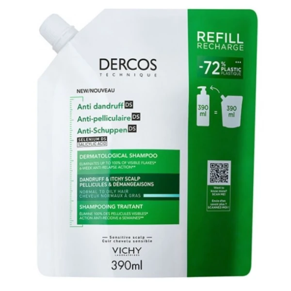 Vichy Dercos Anti Dandruff DS, szampon przeciwłupieżowy, włosy normalne i przetłuszczające się, eco-refill, 390ml