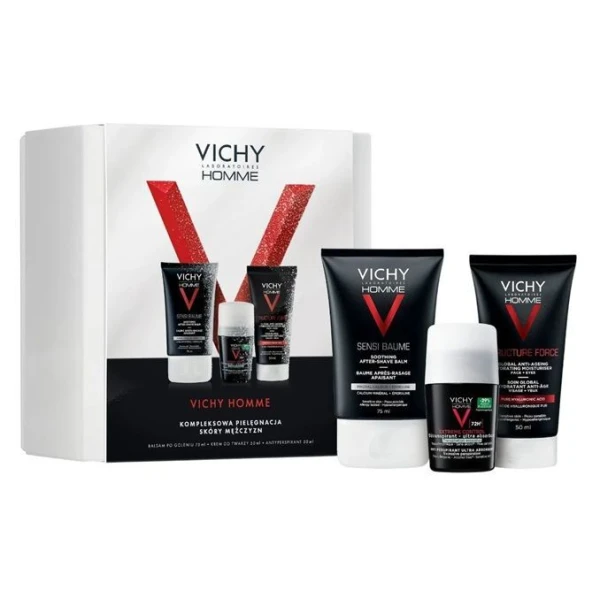 Vichy Homme, kojący balsam po goleniu, 75ml + krem przeciwzmarszczkowy do twarzy, 50ml + antyperspirant 72h, roll-on, 50ml
