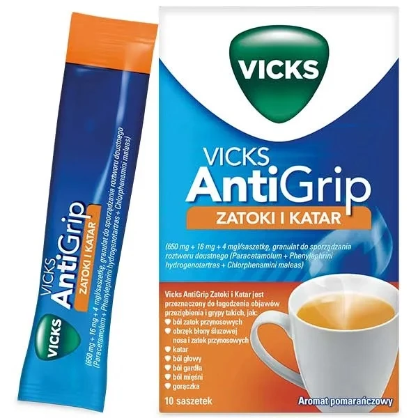 Vicks Antigrip Zatoki i Katar (650mg+16mg+4mg), granulat, 10 saszetek
