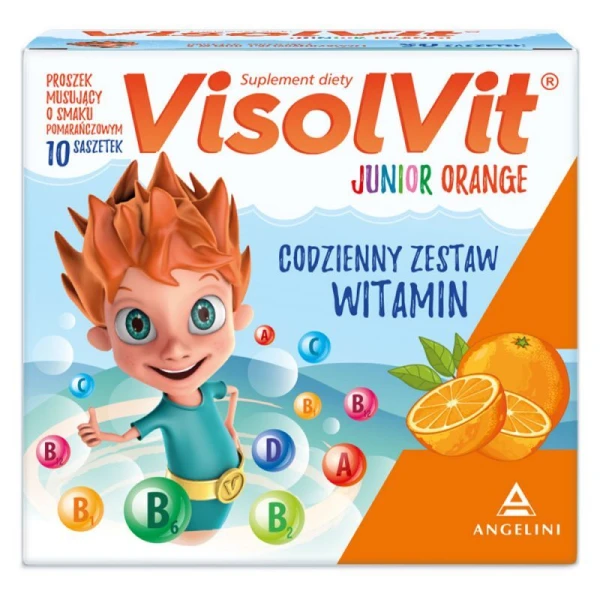 Visolvit Junior Orange, proszek musujący, smak pomarańczowy, po 3 roku życia, 10 saszetek