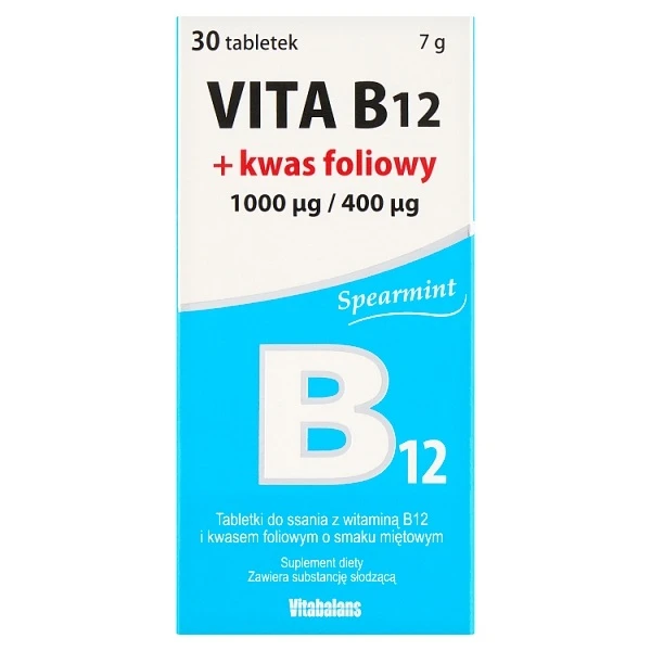 Vita B12 + kwas foliowy, smak miętowy, 30 tabletek do ssania