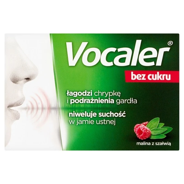 Vocaler bez cukru, smak malina z szałwią, 12 pastylek do ssania