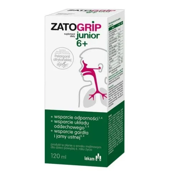Zatogrip Junior 6+, syrop dla dzieci powyżej 6 roku życia, smak malinowy, 120ml