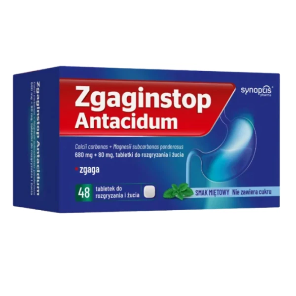 Zgaginstop Antacidum (680mg+80mg), smak miętowy, 48 tabletek do rozgryzania i żucia